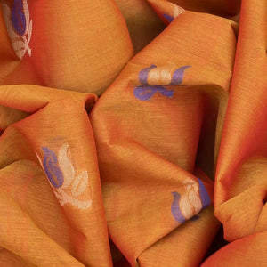 Rust Handloom Village Cotton Saree With Floral Motifs-Rust