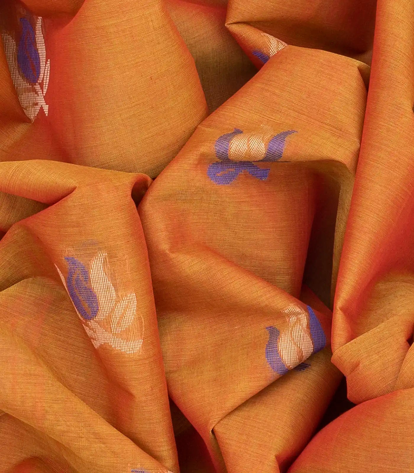 Rust Handloom Village Cotton Saree With Floral Motifs-Rust