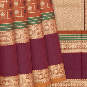 Rust Handloom Village Cotton Saree With Checks & Kamalam Motifs-Rust