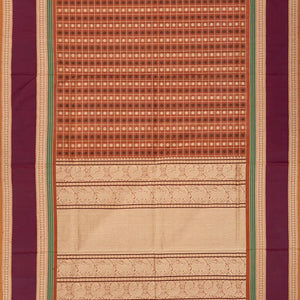 Rust Handloom Village Cotton Saree With Checks & Kamalam Motifs-Rust
