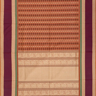 Rust Handloom Village Cotton Saree With Checks & Kamalam Motifs-Rust