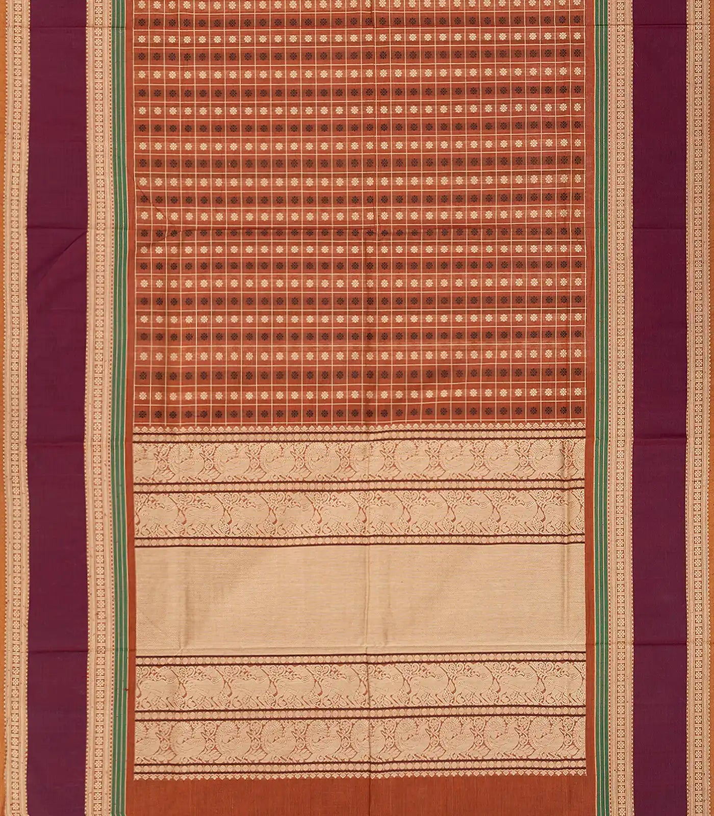 Rust Handloom Village Cotton Saree With Checks & Kamalam Motifs-Rust