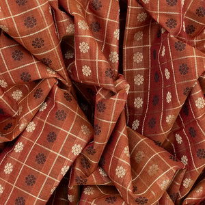 Rust Handloom Village Cotton Saree With Checks & Kamalam Motifs-Rust