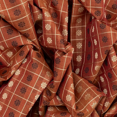 Rust Handloom Village Cotton Saree With Checks & Kamalam Motifs-Rust