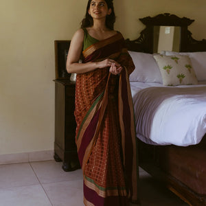 Rust Handloom Village Cotton Saree With Checks & Kamalam Motifs-Rust