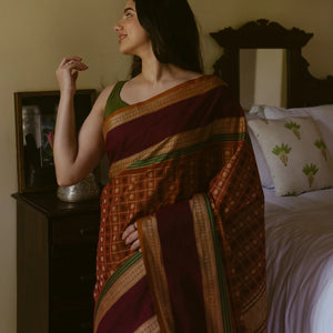 Rust Handloom Village Cotton Saree With Checks & Kamalam Motifs-Rust