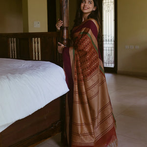 Rust Handloom Village Cotton Saree With Checks & Kamalam Motifs-Rust