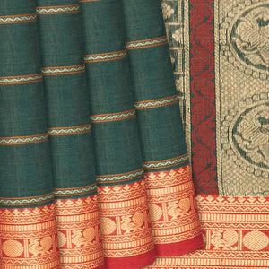 Dark Green Handloom Village Cotton Saree With Stripes and Animal motifs-Dark Green