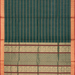 Dark Green Handloom Village Cotton Saree With Stripes and Animal motifs-Dark Green