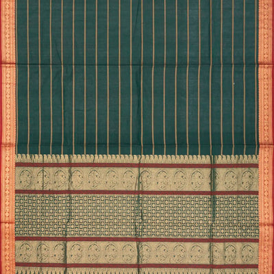 Dark Green Handloom Village Cotton Saree With Stripes and Animal motifs-Dark Green