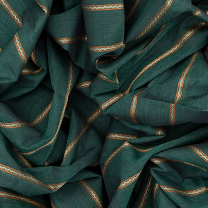 Dark Green Handloom Village Cotton Saree With Stripes and Animal motifs-Dark Green