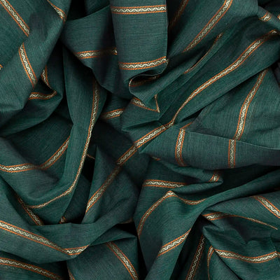 Dark Green Handloom Village Cotton Saree With Stripes and Animal motifs-Dark Green