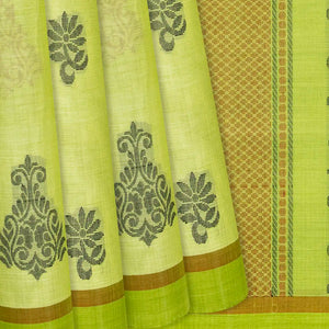 Pista Green Handloom Village Cotton Saree With Flower Motifs-Pista Green