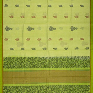 Pista Green Handloom Village Cotton Saree With Flower Motifs-Pista Green