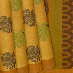 Olive Green Handloom Village Cotton Saree With Flower Motifs-Olive Green