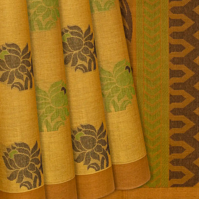 Olive Green Handloom Village Cotton Saree With Flower Motifs-Olive Green
