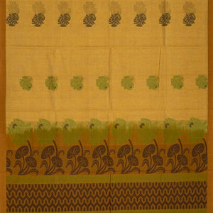 Olive Green Handloom Village Cotton Saree With Flower Motifs-Olive Green