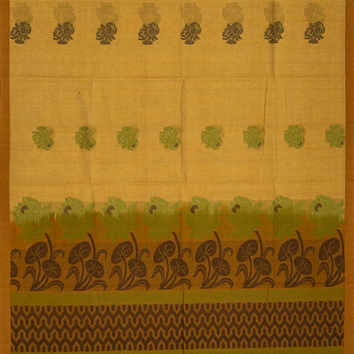 Olive Green Handloom Village Cotton Saree With Flower Motifs-Olive Green