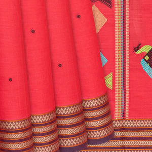 Peach Handloom Village Cotton Saree With Animal Motifs-Peach