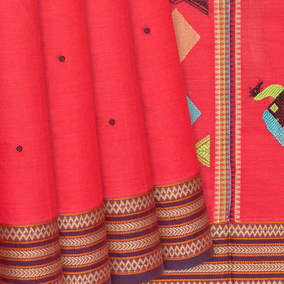 Peach Handloom Village Cotton Saree With Animal Motifs-Peach