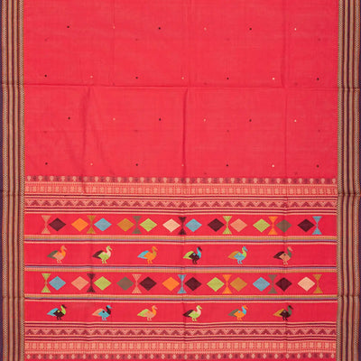 Peach Handloom Village Cotton Saree With Animal Motifs-Peach