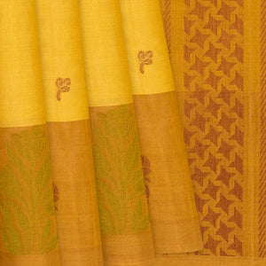 Lemon Green Handloom Village Cotton Saree With Floral Motifs-Lime Green