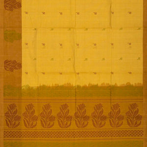 Lemon Green Handloom Village Cotton Saree With Floral Motifs-Lime Green