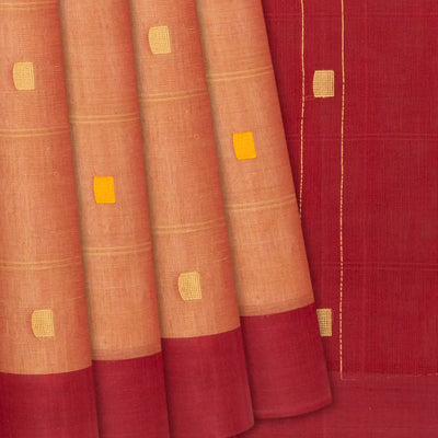 Camel Handloom Village Cotton Saree With Square Butta And Checks-Camel