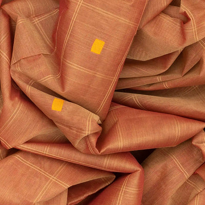 Camel Handloom Village Cotton Saree With Square Butta And Checks-Camel