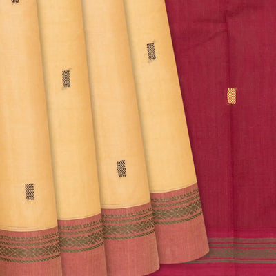 Beige Handloom Village Cotton Saree With Square Butta-Beige