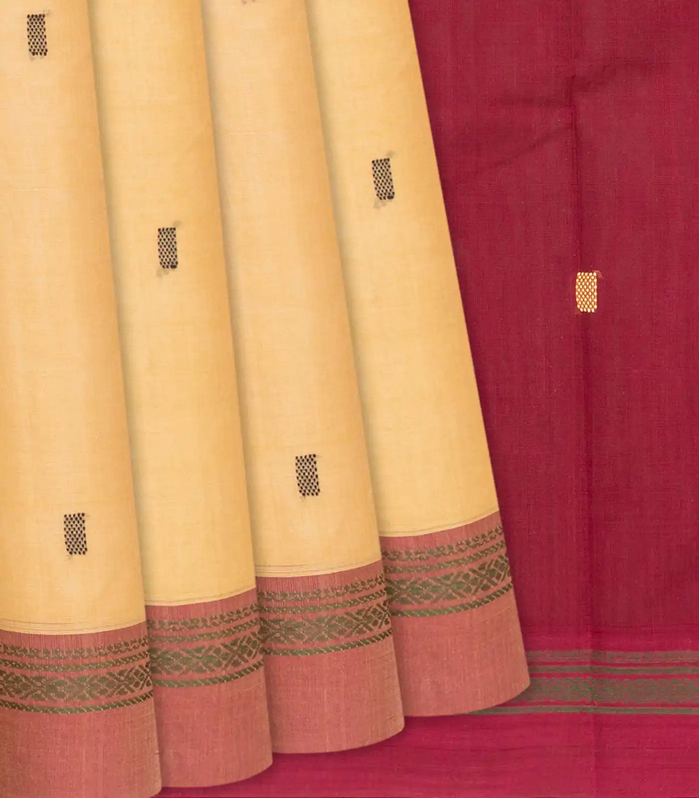 Beige Handloom Village Cotton Saree With Square Butta-Beige