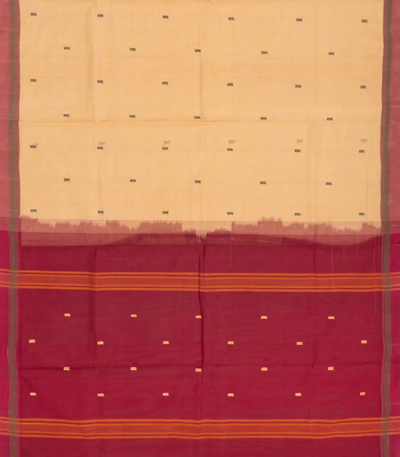 Beige Handloom Village Cotton Saree With Square Butta-Beige