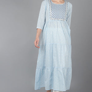 Blue Cotton Yoke Design Abstract Printed Flared Kurta VCK8934