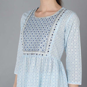 Blue Cotton Yoke Design Abstract Printed Flared Kurta VCK8934