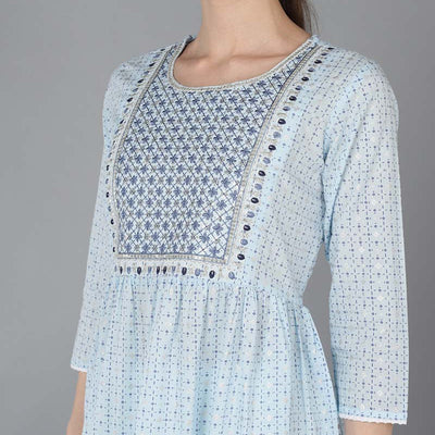 Blue Cotton Yoke Design Abstract Printed Flared Kurta VCK8934