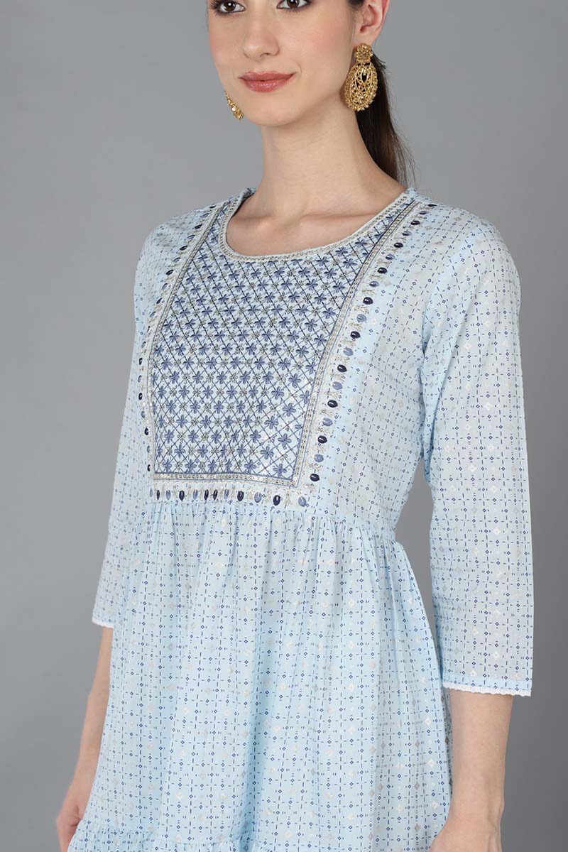 Blue Cotton Yoke Design Abstract Printed Flared Kurta VCK8934