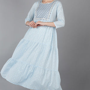 Blue Cotton Yoke Design Abstract Printed Flared Kurta VCK8934