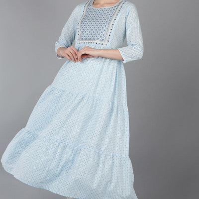 Blue Cotton Yoke Design Abstract Printed Flared Kurta VCK8934
