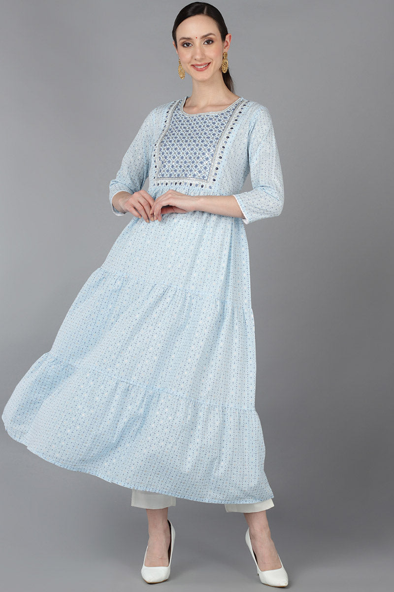Blue Cotton Yoke Design Abstract Printed Flared Kurta VCK8934