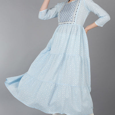 Blue Cotton Yoke Design Abstract Printed Flared Kurta VCK8934