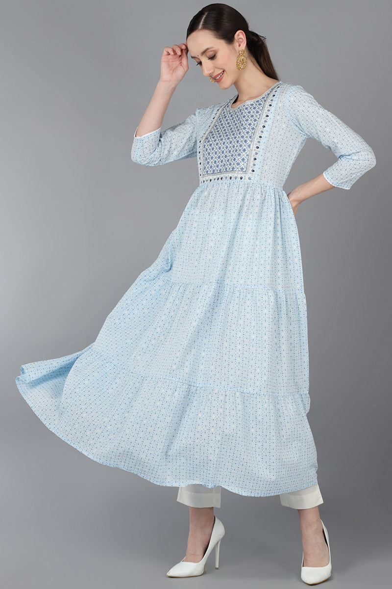 Blue Cotton Yoke Design Abstract Printed Flared Kurta VCK8934