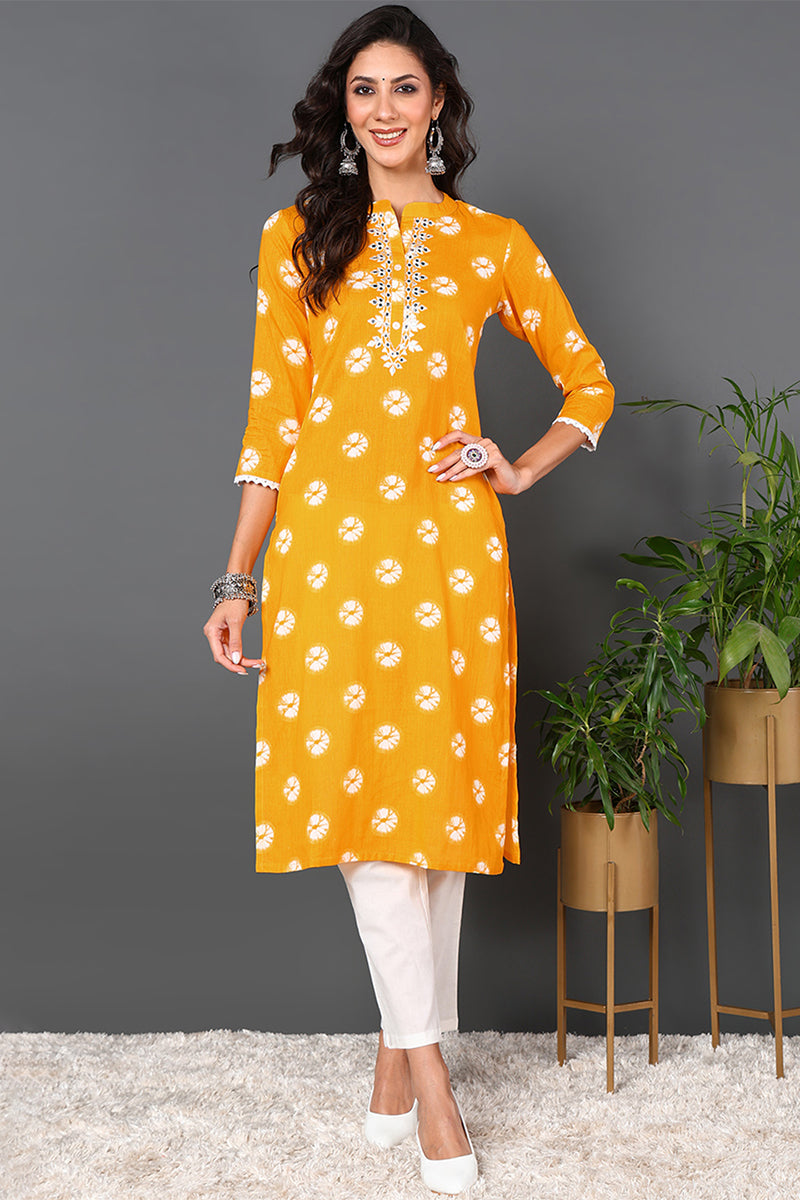 Plus Size Yellow Cotton Embroidered Ethnic Motifs Straight Kurta VCK9567