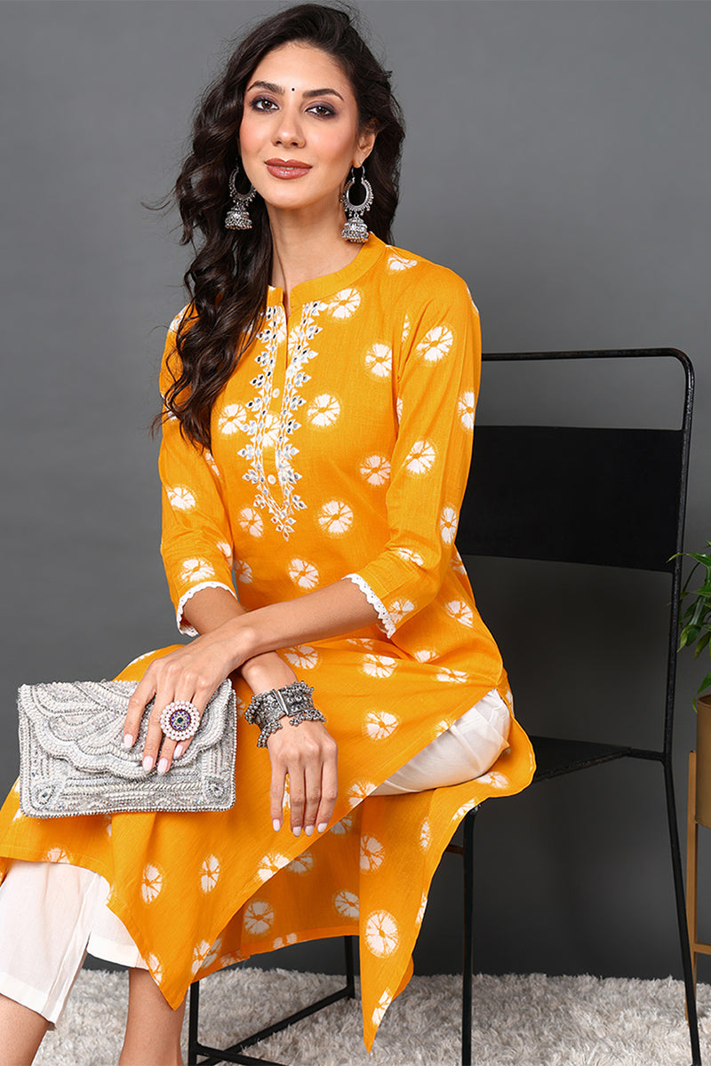 Plus Size Yellow Cotton Embroidered Ethnic Motifs Straight Kurta VCK9567