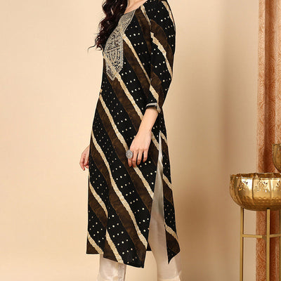 Plus Size Black Viscose Rayon Leheriya Printed Straight Kurta VCK9684