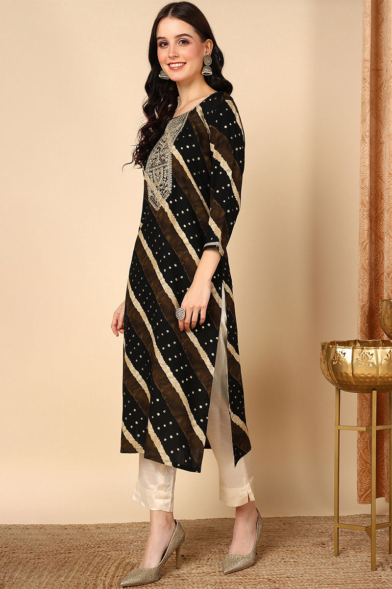 Plus Size Black Viscose Rayon Leheriya Printed Straight Kurta VCK9684