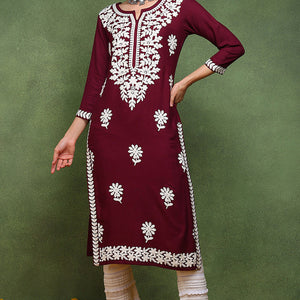 Burgundy Rayon Blend Solid Embroidered Straight Kurta VCK9770WIN