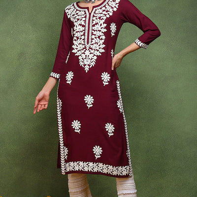 Burgundy Rayon Blend Solid Embroidered Straight Kurta VCK9770WIN