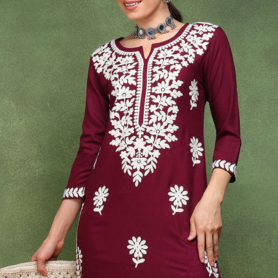 Burgundy Rayon Blend Solid Embroidered Straight Kurta VCK9770WIN