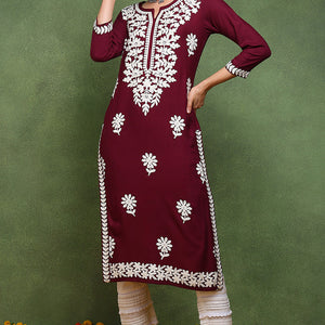 Burgundy Rayon Blend Solid Embroidered Straight Kurta VCK9770WIN