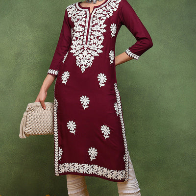 Burgundy Rayon Blend Solid Embroidered Straight Kurta VCK9770WIN